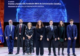 De izquierda a derecha: Lluís Montoliu, Pere Estupinyà, Eloísa del Pino, Eva Ortega Paíno, Rafael Pardo, Ana Lozano y Alejandro Muñoz, durante la ceremonia de entrega de la última edición de los Premios y Ayudas CSIC- FBBVA de Comunicación Científica el pasado mes de enero.