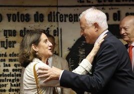 La vicepresidenta de la Comisión Europea, Teresa Ribera, saluda este lunes al presidente de la comisión de investigación del Senado por el 'caso Koldo'.